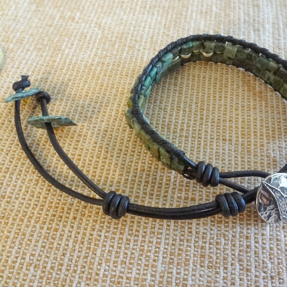 Square African Turquoise Leather Wrap Bracelet - Picture 4 of 6